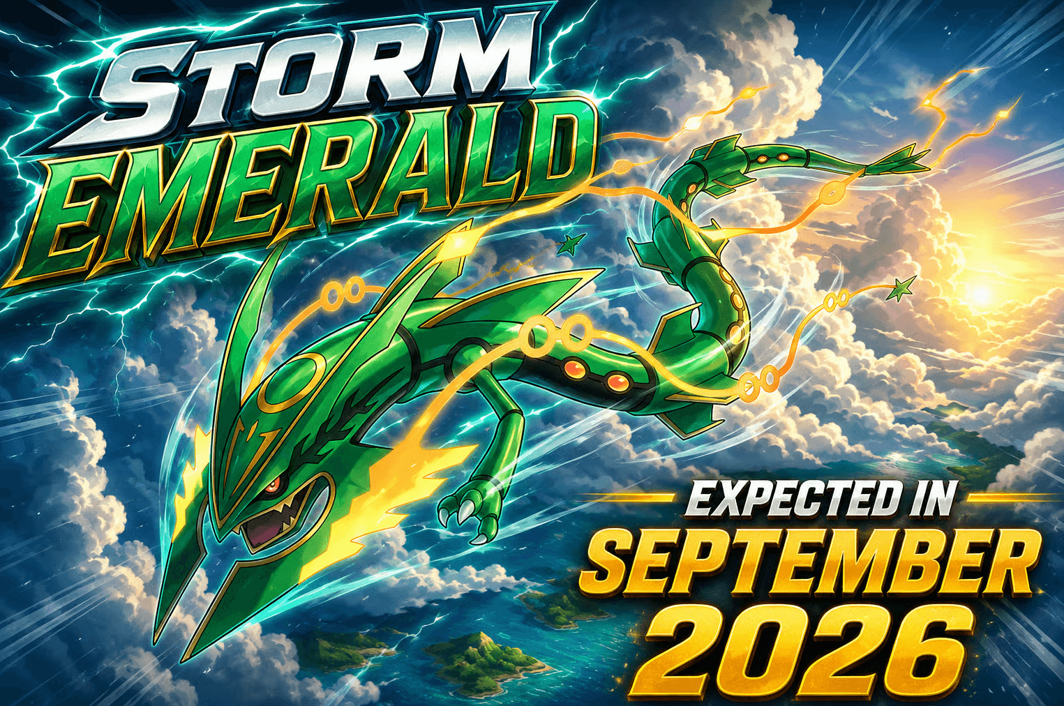 Storm Emeralda Rayquaza graphic with its expected summer 2026 release window