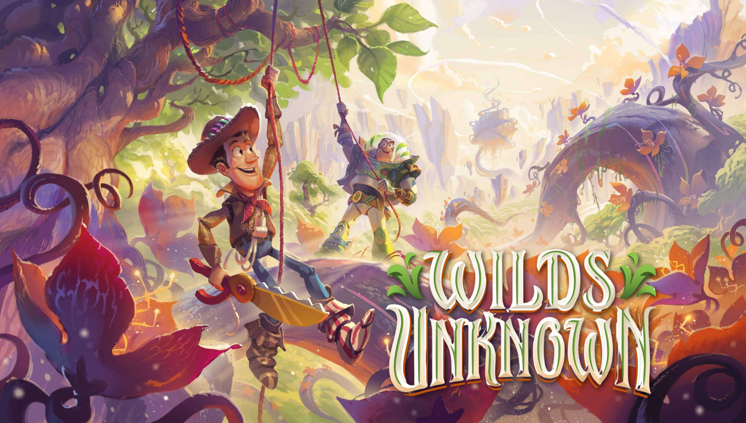 Woody and Buzz Lightyear swinging through a jungle on the Wilds Unknown set art.